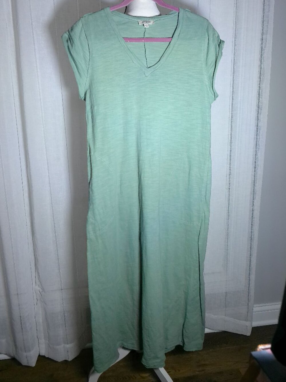 UMGEE Dress Midi V-Neck Roll Sleeves Raw Hems Light Olive Green S